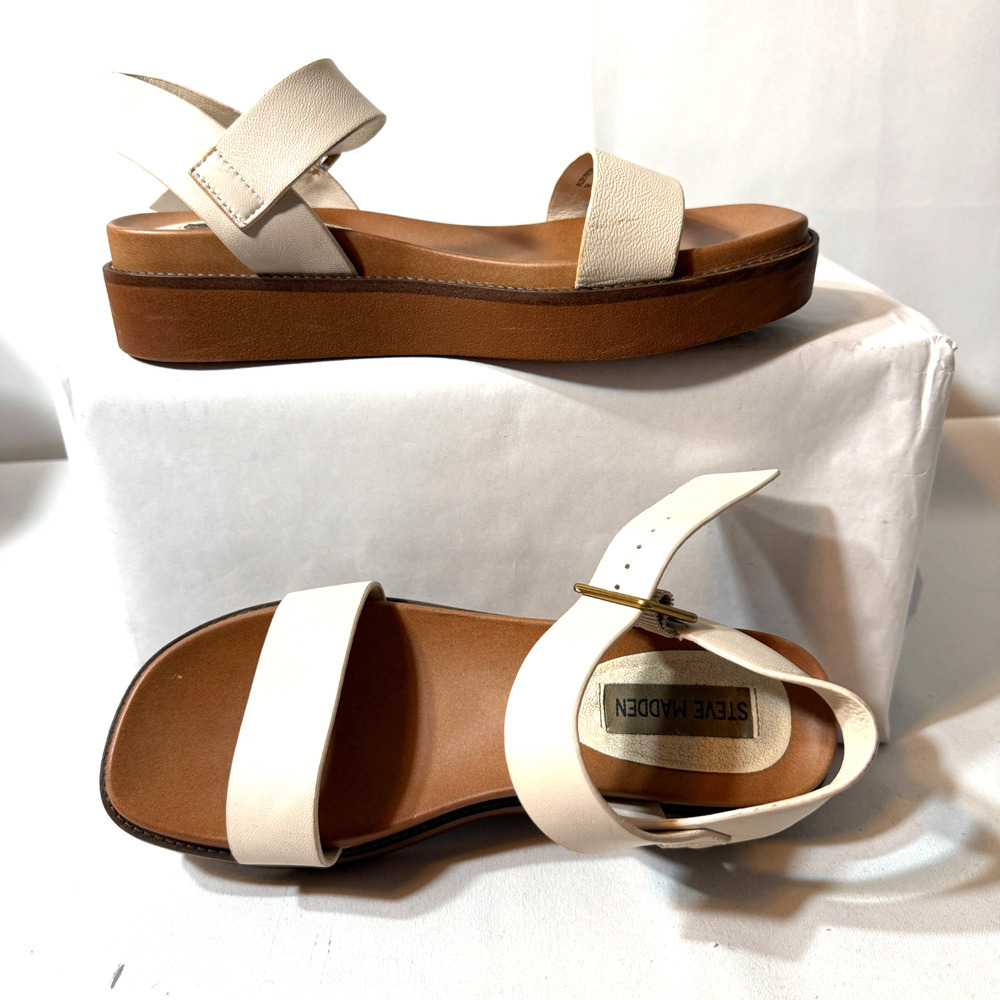 Steve Madden Womens 7M Cream Double Strap Ankle Buckle Platform Sandals